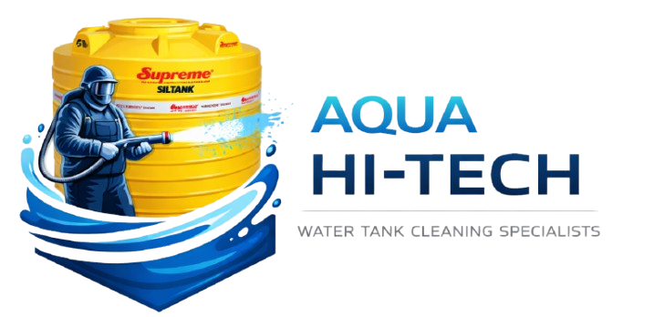Aqua Hi-Tech water tank cleaning logo with professional cleaning worker and yellow water storage tank design