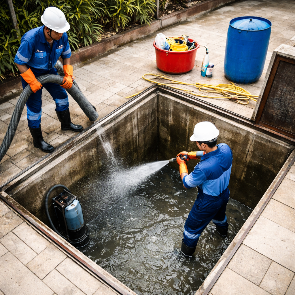 Professional sump cleaning service in Bangalore removing dirty water, sludge, and contaminants using high-pressure cleaning equipment
