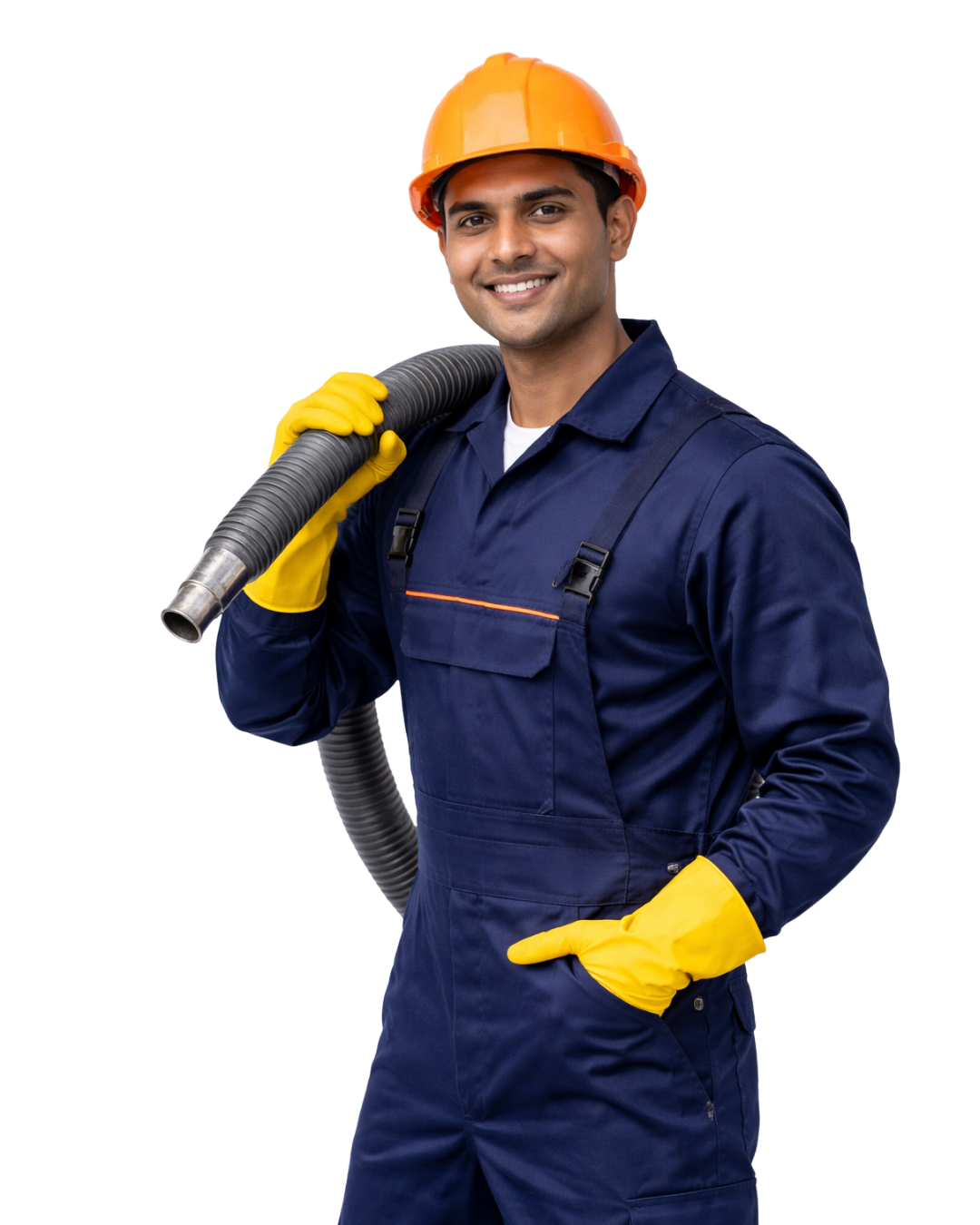 Professional water tank cleaning technician holding cleaning hose equipment on white background