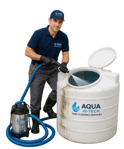 Professional water tank cleaning technician cleaning overhead tank using high pressure equipment